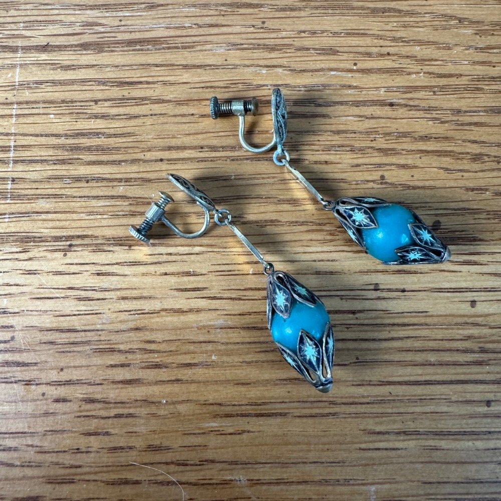 Vintage Turquoise Sterling Starburst Screw Back Earrings Art Deco Style - Picture 5 of 10